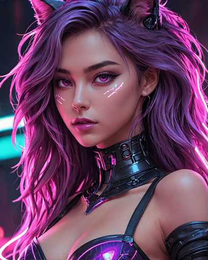 This image portrays a highly detailed, computer-generated depiction of a young woman with long, flowing purple hair that cascades down to her chest. She has striking purple eyes and is adorned with a black leather choker that features a prominent buckle. Her attire includes a purple bra with black straps, and a black leather sleeve on her left arm. The woman's face is illuminated by a pink light, creating a glowing effect around her eyes and nose, and she has white lines on her cheeks, adding to the futuristic aesthetic. She also wears a black headband with cat ears, enhancing her otherworldly appearance. The background is a dark gray, accentuated by a horizontal white light on the left side, which adds depth to the scene. The overall style suggests a blend of science fiction and fantasy elements, reminiscent of characters from anime or video games.