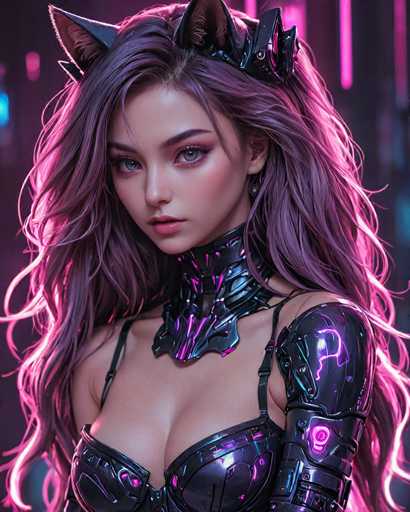 This image features a highly detailed, computer-generated depiction of a young woman with long, wavy hair that transitions from a dark purple to a lighter purple hue. She has striking blue eyes and is adorned with cat ears, adding a whimsical touch to her appearance. Her attire is a form-fitting, metallic dress that combines elements of both traditional and futuristic styles. The dress is primarily black with purple accents, featuring thin straps over her shoulders and a high collar that extends up to her neck. The chest area of the dress is low-cut, revealing a significant portion of her upper chest. Her left arm is made of a shiny, metallic material, contrasting with her human-like right arm. The background is a dark purple, illuminated by pink and purple lights that enhance the overall ethereal and futuristic ambiance of the image.
