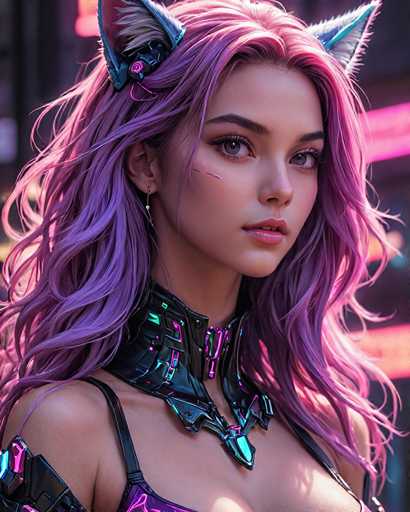 This image features a young woman, likely in her late teens or early twenties, with long, wavy hair that transitions from pink to purple. She has striking blue eyes and is adorned with cat ears, which are white on the inside and black on the outside. Her outfit is a futuristic ensemble, primarily black with pink accents, including a choker-like collar and a dress or top that reveals her shoulders and chest. The background is blurred, with hints of pink neon lights, suggesting an outdoor setting. She gazes directly at the camera with a neutral expression, her lips slightly parted. The overall aesthetic is reminiscent of a character from a video game or a sci-fi movie, blending elements of fantasy and technology.