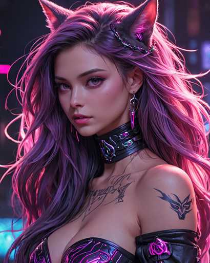 This image features a highly detailed, computer-generated depiction of a young woman with long, flowing hair that transitions from black to purple. She is adorned with cat-like ears, adding a whimsical touch to her appearance. Her attire is a striking combination of black and purple leather, including a choker that complements her outfit. The woman's face is turned towards the viewer, showcasing her pink lips and a subtle, yet captivating smile. Her eyes are a mesmerizing shade of purple, matching the hues in her hair. The background is a blend of black and purple, with hints of blue, creating a mystical and enchanting atmosphere. The overall composition exudes a sense of otherworldliness and allure, making the viewer drawn into her captivating gaze.