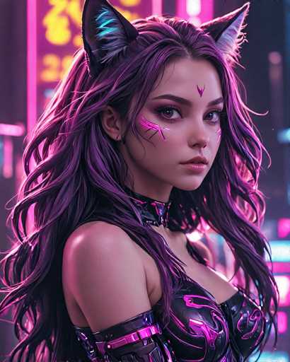 The image features a young woman, likely in her late teens or early twenties, with long, flowing hair that transitions from a deep purple at the roots to a lighter shade towards the ends. She has striking green eyes and is adorned with cat ears, which are black on the outside and white on the inside. Her face is decorated with pink paint, including a distinctive arrow-like design on her forehead and additional markings on her cheek and below her eye. She is dressed in a black leather outfit with pink accents, including a choker and a sleeveless top that reveals her shoulders. The background is a vibrant mix of pink, purple, and yellow hues, with blurred elements that suggest a cityscape or possibly a casino setting. The overall scene is colorful and dynamic, with the woman's detailed appearance and the vivid backdrop creating a captivating visual.