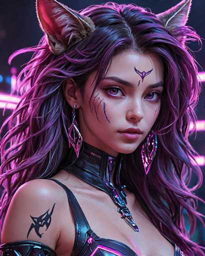 The image depicts a highly detailed, computer-generated female character with a futuristic and fantasy aesthetic. She has long, flowing hair that transitions from black to purple, adorned with two prominent wolf ears. Her face is marked by striking purple eyes and a unique symbol on her forehead, resembling a stylized 'V' with a diamond shape in the center. Her cheeks feature intricate black markings that resemble claw marks, adding to her fierce appearance. She wears large, dangling earrings shaped like diamonds with pink and purple accents, and a black leather choker that complements her outfit. Her attire includes a black leather dress with pink highlights, and she has a distinctive black tattoo on her right shoulder. The background is dark, illuminated by neon pink and blue lights, enhancing the overall sci-fi and fantasy vibe of the image.