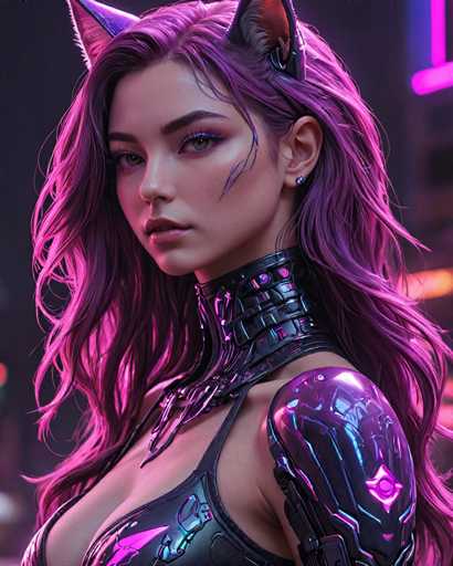 A close-up portrait of a stylish, cyberpunk-inspired woman with long, vibrant purple hair and cat-like ears dominates the image. She wears a futuristic black bodysuit with glowing pink accents, complemented by a high, ornate collar and a matching shoulder armor. Her expression is alluring, with intense eyes looking directly at the viewer. The background is a blurred neon cityscape, suggesting an urban, futuristic setting. The art style is highly detailed and digital, emphasizing a blend of fantasy and technological aesthetics.