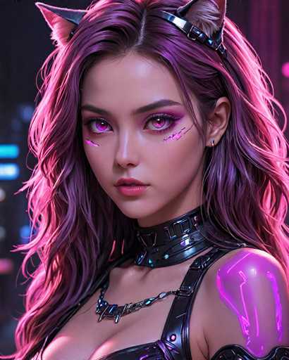 This image features a highly detailed, computer-generated depiction of a young woman, likely in her late teens or early twenties. She has long, wavy hair that transitions from a deep purple at the roots to a lighter pink at the ends, with a striking pink streak on the right side. Her hair is adorned with cat ears, which are black on the outside and pink on the inside, held in place by a black headband. She has pink eyes and is wearing pink lipstick, complemented by pink eyeshadow and a black eyeliner. Her face is marked by two pink lines, one on each cheek, resembling a tattoo. She is dressed in a black leather choker and a matching black leather top that reveals her shoulders and chest. The background is blurred, featuring indistinct blue and pink lights, adding to the overall futuristic and stylized aesthetic of the image.