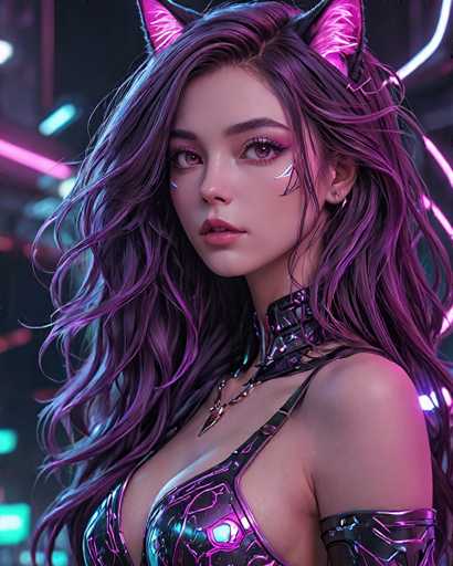 A close-up portrait of a young woman with long, wavy purple hair adorned with glowing pink cat ears. She has striking makeup, including vibrant pink eyeshadow and dark eyeliner, and a futuristic, black bodysuit with glowing purple accents. The background is a blurred neon cityscape, creating a cyberpunk aesthetic. The overall style is digital art with a focus on detailed textures and vibrant lighting, emphasizing the character's edgy and stylish appearance.