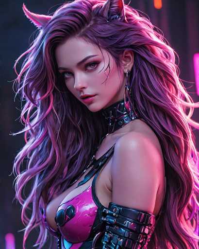 The image depicts a highly detailed, computer-generated or AI-generated female character with long, flowing hair that transitions from purple to pink. She has striking blue eyes and is adorned with a black leather choker featuring a pink heart. Her outfit includes a pink leather bra with black accents, and she wears black leather arm sleeves that extend from her biceps to her forearms. The character's expression is serious, and she gazes directly at the viewer. The background is dark, with pink lights illuminating her hair and creating a dramatic effect. The overall style suggests she could be a character from a video game or a comic book, embodying a futuristic or fantasy aesthetic.
