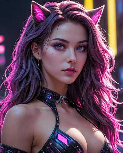 This image features a highly detailed, computer-generated depiction of a young woman, likely in her late teens or early twenties. She has long, wavy hair that transitions from a dark purple at the roots to a lighter purple at the ends, with pink highlights. Her hair is styled with cat ears, which are pink on the inside and dark purple on the outside. She has striking blue eyes, pink lips, and a small mole on her left cheek. 

Her attire includes a black leather choker adorned with silver metal pieces and a pink diamond-shaped accent. She is wearing a matching black leather top that reveals her shoulders and chest, also featuring pink diamond accents. The background is blurred, with indistinct yellow and pink lights, suggesting a futuristic or stylized setting. The overall image has a slightly cartoonish yet realistic appearance, reminiscent of a character from a video game or an animated series.