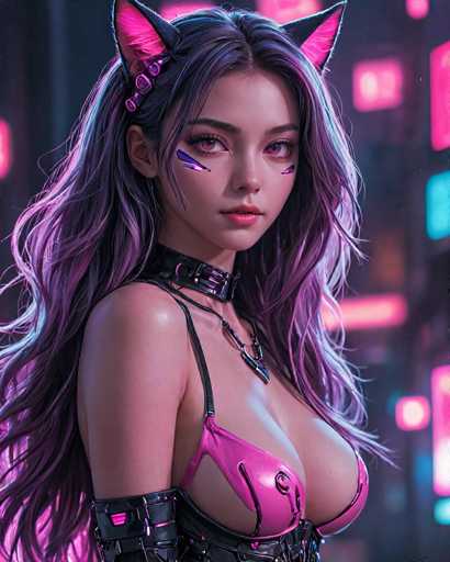 The image features a striking, computer-generated female character with long, flowing black hair that transitions into shades of purple and pink. She has a fair complexion and captivating pink eyes. Adorning her head are black cat ears with pink interiors, adding a touch of feline allure. Her attire is equally eye-catching, consisting of a pink leather bra that reveals her cleavage, and a black leather choker around her neck. She also wears a black leather skirt and matching arm bands, enhancing her edgy, yet alluring appearance. The background is a blurred mix of pink and blue lights, creating a vibrant, almost neon atmosphere that contrasts with her detailed and focused presence in the foreground.