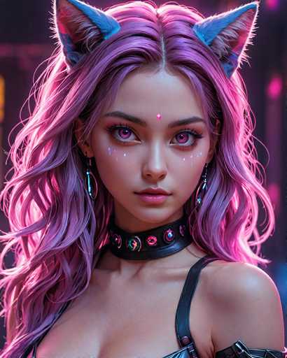 This image features a highly detailed, computer-generated depiction of a young woman, likely in her late teens or early twenties. She has long, wavy hair that transitions from a light pink to a darker purple hue, with a distinct part running down the middle. Her hair is adorned with blue cat ears that have white fur on the inside, adding a whimsical touch to her appearance. She has striking pink eyes and wears pink lipstick, complementing her overall color scheme.

Her face is adorned with a small pink diamond on her forehead, and she has blue sparkles beneath her eyes, enhancing her mystical look. She is dressed in a black leather choker with pink and blue accents, and a black leather top that reveals her shoulders and chest. The top features a single strap over her left shoulder, and there is a hint of a black leather sleeve visible on her right arm. The background is blurred, with indistinct pink and blue lights, keeping the focus entirely on her.