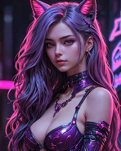 This image is a highly detailed, computer-generated depiction of a young woman, possibly in her late teens or early twenties. She has long, wavy hair that transitions from a bluish-purple hue to a pinkish tint at the tips, and her hair is adorned with cat-like ears that are pink on the inside. Her eyes are a striking bluish-green, and she has pink lips. She is wearing a purple leather choker with two buckles, a matching purple leather bra with a single strap over her left shoulder, and a leather arm sleeve on her left arm. Her outfit is accentuated with a necklace that has a chain and a pendant. The background is dark, featuring neon pink and purple lights that add a futuristic, cyberpunk ambiance to the scene.