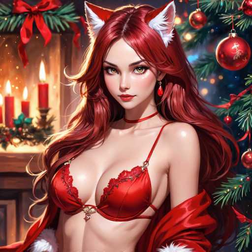 A woman with long red hair and fox ears, wearing a red lingerie set and a festive red cape, poses against a Christmas tree adorned with ornaments and candles. The art style is digital painting with detailed rendering, emphasizing soft lighting and a romantic atmosphere.