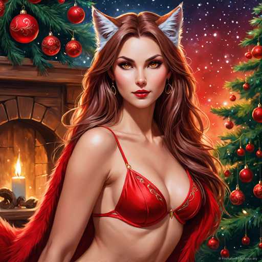 A woman with long brown hair and fox ears, wearing a red bra and fur shawl, poses in front of a decorated Christmas tree with glowing ornaments. A lit candle sits beside a fireplace, creating a warm and festive atmosphere. The art style is digital painting with detailed textures and vibrant colors.