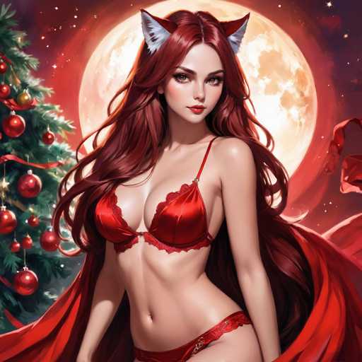 A woman with long red hair and fox ears, wearing a red lingerie set and a flowing red cape, poses against a large, full moon. A decorated Christmas tree is visible to her left, creating a festive yet alluring atmosphere in this digital art piece with a soft, painterly style.