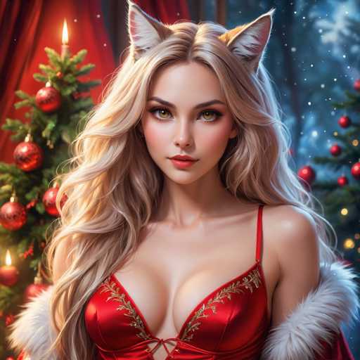 A beautiful woman with long blonde hair and cat ears wears a red holiday dress, posed in front of Christmas trees adorned with ornaments. The art style is digital painting, creating a festive and alluring scene.