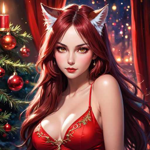 A beautiful woman with long red hair and fox ears wears a red holiday dress, gazing directly at the viewer. She's positioned in front of a decorated Christmas tree with red ornaments and festive lights, framed by red curtains. The art style is digital painting with a soft, romantic feel.