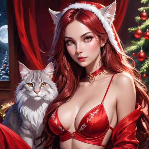 A woman with long red hair and cat ears wears a red holiday outfit, posed next to a fluffy gray cat. A Christmas tree with ornaments and a full moon are visible in the background, creating a festive atmosphere. The art style is digital painting with detailed textures and soft lighting.