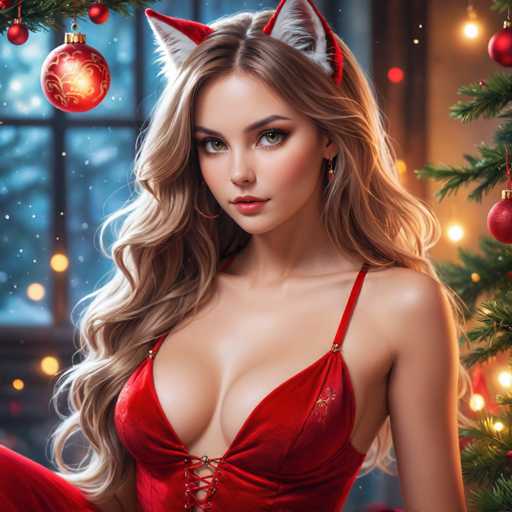 A beautiful woman with long blonde hair and cat ears wears a red dress in a festive, warmly lit Christmas setting. She gazes directly at the viewer against a backdrop of twinkling lights and a decorated Christmas tree, creating a cozy and alluring atmosphere. The art style is digital painting with soft lighting and detailed textures.
