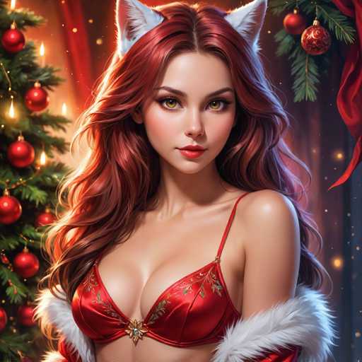A woman with long, wavy red hair and cat ears wears a red holiday lingerie set adorned with holly. She gazes directly at the viewer against a festive backdrop of Christmas lights, ornaments, and a decorated tree. The art style is digital painting with a soft, glamorous aesthetic.