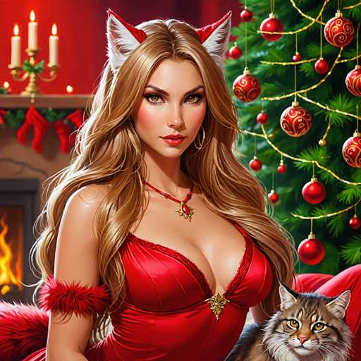 A woman with long blonde hair and cat ears, wearing a red dress and jewelry, sits next to a tabby cat in front of a decorated Christmas tree. The art style is digital painting with detailed rendering and festive holiday elements, creating a cozy and playful scene.