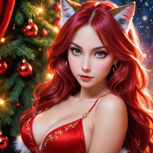 A beautiful woman with long red hair and fox ears wears a red holiday outfit, posed in front of a decorated Christmas tree with glowing ornaments. The art style is digital painting with soft lighting and detailed textures, creating a festive and alluring atmosphere.