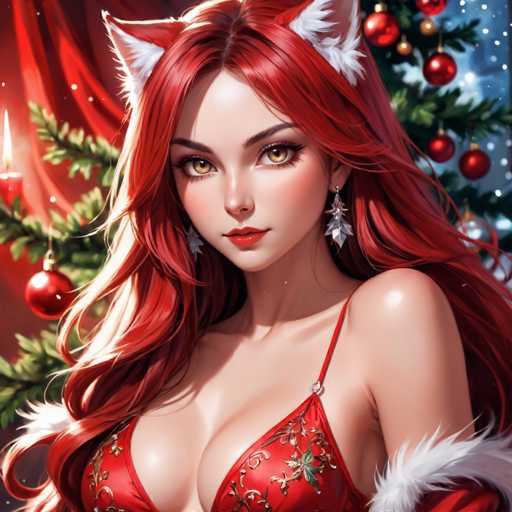 A beautiful anime-style woman with long red hair and fox ears wears a festive red holiday outfit adorned with white fur trim. She gazes directly at the viewer against a backdrop of a decorated Christmas tree and red curtains, creating a warm and inviting holiday atmosphere.
