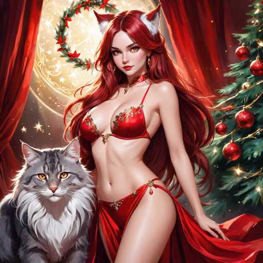 A woman with red hair and cat ears, wearing a red bikini and matching skirt, poses with a fluffy grey cat in front of a Christmas tree adorned with ornaments. Red curtains frame the scene, and a wreath hangs behind her, creating a festive holiday atmosphere in a digital painting style.