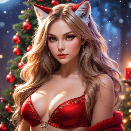 A beautiful woman with long blonde hair and fox ears wears a red lingerie set, posed in front of a decorated Christmas tree with red ornaments. The art style is digital painting, emphasizing soft lighting and detailed textures.