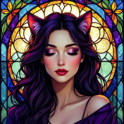 This image features a stunning, computer-generated depiction of a woman with long, flowing black hair that cascades down to her chest. Her hair is adorned with whimsical cat ears, adding a playful touch to her appearance. She is dressed in a purple shirt with thin straps, which elegantly drapes off her shoulders, revealing her bare arms and collarbone. Her makeup is striking, with bold red lipstick and a blend of purple and pink eyeshadow that accentuates her closed eyes. Her eyebrows are meticulously groomed, and her cheeks are blushed, giving her a serene and ethereal look. The background is a mesmerizing stained glass window, composed of vibrant colors including yellow, orange, green, blue, and purple. The intricate patterns and hues of the stained glass create a radiant halo effect behind her head, enhancing the overall magical and enchanting atmosphere of the image.