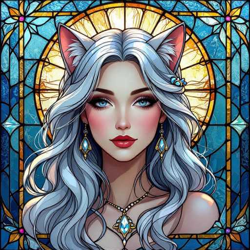 This image features a detailed, cartoon-style drawing of a woman with long, wavy gray hair and striking blue eyes. She has cat-like ears, pink on the inside, and wears a blue barrette on the right side of her head. Her makeup includes red lipstick and blush on her cheeks. She is adorned with teardrop-shaped earrings and a matching necklace, both featuring blue stones. The background is a stained glass window with a circular design at the center, surrounded by various shades of blue and gold. The window's intricate patterns and colors create a vibrant and captivating backdrop for the woman's portrait.