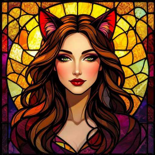 This image features a striking, computer-generated portrait of a woman with long, wavy brown hair. She has vibrant green eyes and is adorned with red cat ears, adding a whimsical touch to her appearance. Her lips are painted a bold red, and she wears a subtle amount of makeup, including light purple eyeshadow and mascara. The woman is dressed in a low-cut top, which reveals a hint of cleavage. The background is a stunning stained glass window, composed of various shades of yellow, orange, and purple, creating a warm and inviting atmosphere. The intricate design of the window contrasts beautifully with the simplicity of the woman's attire, making her the focal point of the image.