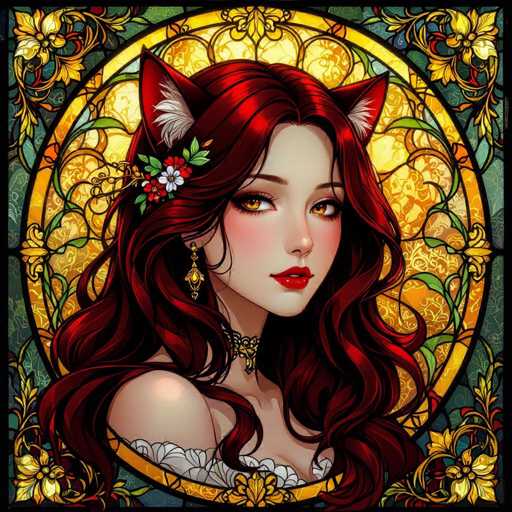This image features a detailed, computer-generated illustration of a young woman with striking red hair and cat-like ears. She has a pointed nose, yellow eyes, and red lips, and is adorned with a gold choker and dangling earrings. Her attire includes a white top with a floral pattern. The background is a stained glass window with a circular design, showcasing a blend of yellow, green, and orange hues. The window is framed by a black border, and the corners are embellished with intricate floral patterns. The woman is depicted in a three-quarter view, looking over her shoulder towards the viewer, with a serious expression.