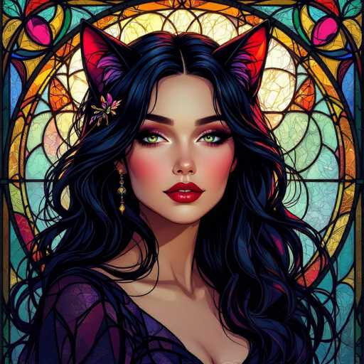 This vibrant, cartoon-style illustration features a young woman with striking cat ears, set against a backdrop of a stained glass window. The window is composed of various colored panels, including shades of yellow, orange, blue, and pink, with intricate black lines forming the stained glass pattern. The woman has long, wavy black hair adorned with a purple and yellow flower on the left side. Her cat ears are red with purple accents, adding to her feline appearance. She has captivating green eyes, dark eyebrows, and bright red lips. Her attire is a purple dress with black lines, and she accessorizes with dangling earrings. The overall composition is rich in detail and color, creating a whimsical and enchanting scene.