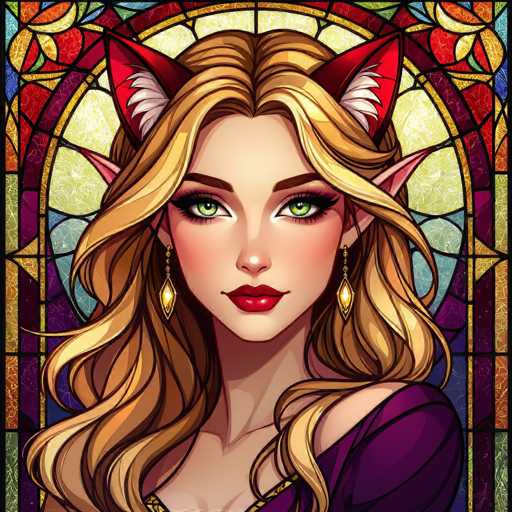 This detailed digital illustration features a young woman with long, wavy blonde hair and striking green eyes. She has a pointed nose and full red lips, and her expression is serious as she gazes directly at the viewer. Adorning her ears are red cat ears with white fur inside, and she wears elegant gold teardrop-shaped earrings. Her attire is a purple dress with a deep neckline, revealing a hint of cleavage. The background is a vibrant stained glass window, composed of various colors including red, yellow, blue, green, orange, and purple, creating a rich and colorful backdrop. The overall style of the image is reminiscent of a comic book or graphic novel, with a highly detailed and vividly colored appearance.