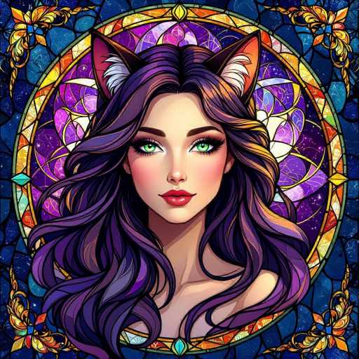 A digital illustration of a beautiful woman with long, flowing purple hair adorned with cat ears. She has striking green eyes and vibrant red lips, framed by a detailed, ornate stained-glass style border. The background is a deep blue with intricate patterns and golden accents, creating a mystical and enchanting atmosphere.