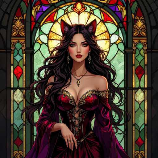 This image features a striking, AI-generated female character with long, flowing black hair and cat-like ears. She is adorned in a red dress with intricate gold trim, which is low-cut, revealing her cleavage. The dress is complemented by a cape-like garment draped over her arms. Her accessories include a necklace with a gold pendant, dangling earrings, and rings on her fingers. The character's eyes are a captivating green, and she wears red lipstick. She stands in front of a stained glass window, which is framed by a black border. The window itself is a vibrant mix of colors, including red, green, blue, purple, and yellow, with a prominent yellow circle at its center.