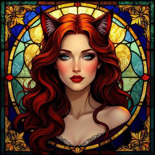A digital painting in the style of a stained-glass window, depicting a beautiful woman with long, flowing red hair adorned with cat ears. She has piercing blue eyes and vibrant red lips, wearing a purple garment with lace detailing. The background is a colorful, ornate design with geometric patterns and floral motifs in shades of blue, yellow, and red. The overall style is detailed and intricate, with a focus on light and color.