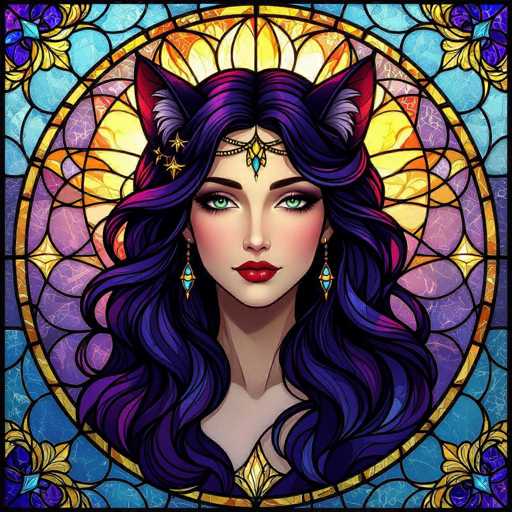 A digital painting of a beautiful woman with long, flowing purple hair adorned with cat ears and jewelry. She has piercing green eyes, vibrant red lips, and a delicate, ornate headpiece. The artwork is rendered in a stained-glass style with intricate patterns and a warm, colorful palette. She's positioned within an ornate, circular frame reminiscent of a stained-glass window, with the background showcasing a blend of deep blues, vibrant oranges, and rich purples. The overall style is detailed and fantastical, evoking a sense of magic and enchantment.