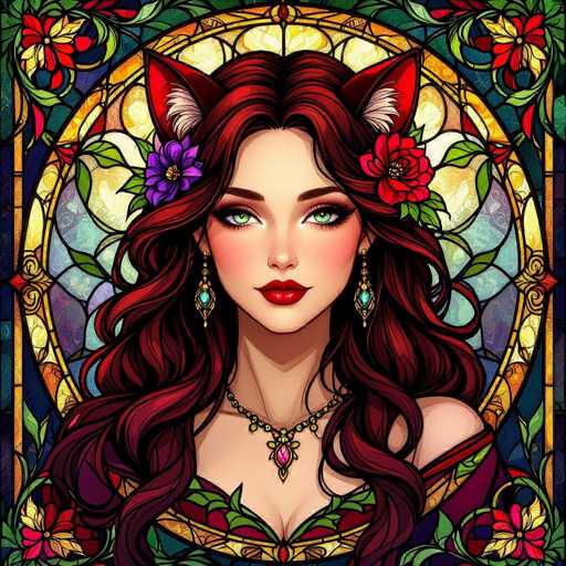 This vibrant, cartoon-style illustration features a young woman with striking red hair and matching red cat ears adorned with white fur. Her expressive green eyes are framed by long eyelashes, and her lips are painted a bold red. She wears dangling earrings with blue stones and a necklace that boasts a pink gemstone. Her attire is a low-cut dress, intricately designed with green leaves and red accents. The background is a stunning stained glass window, predominantly yellow with hints of blue, purple, and green, and adorned with red and yellow flowers in each corner. The woman gazes directly at the viewer, exuding confidence and charm.