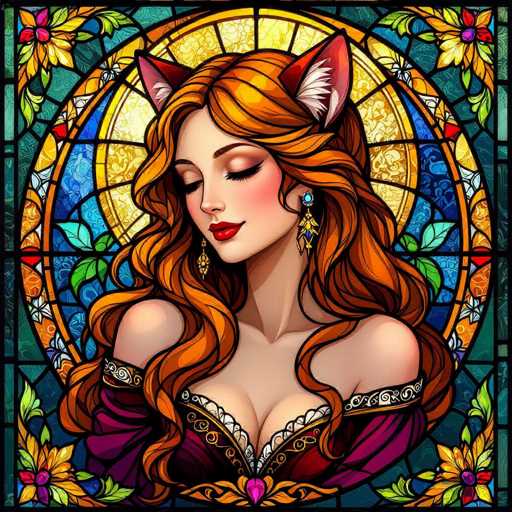 A digital illustration in the style of a stained-glass window, depicting a beautiful woman with long, flowing orange hair adorned with cat ears. She has fair skin, rosy cheeks, and is wearing a deep purple dress with gold detailing. Her eyes are closed, and she has red lips. She is wearing ornate golden earrings with blue gemstones. The background of the window features a vibrant, colorful design with geometric patterns and floral motifs in shades of blue, green, yellow, and orange. The overall style is detailed and intricate, with a focus on soft lighting and rich colors.