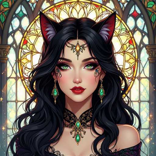 This image features a striking, computer-generated portrait of a woman with long, wavy black hair and vibrant green eyes. She is adorned with cat ears, which are black on the outside and lined with white fur on the inside. A golden headband with a prominent yellow jewel sits on her forehead, complementing her elaborate makeup. Her cheeks are accentuated with intricate black and blue designs, and she wears dangling earrings that are green with gold trim. Around her neck is a black choker necklace, also embellished with a yellow jewel and green accents. Her attire includes a purple dress with one shoulder exposed, adding to her elegant appearance. The background showcases a large, circular stained glass window with a yellow border and intricate designs in yellow, red, and green. The window is framed by a gray archway, and the scene is further enhanced by small yellow stars scattered on both sides of the image.