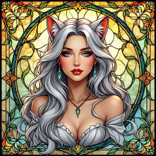 A digital painting of a beautiful woman with long, flowing silver hair and large blue eyes. She has pointed cat ears on her head and is wearing a white, ornate dress with a jeweled necklace. She's adorned with large blue earrings and has red lipstick. The background is a stained-glass window design, creating a vibrant and detailed image. The overall style is reminiscent of Art Nouveau or stained-glass art, with a focus on intricate details and soft lighting.