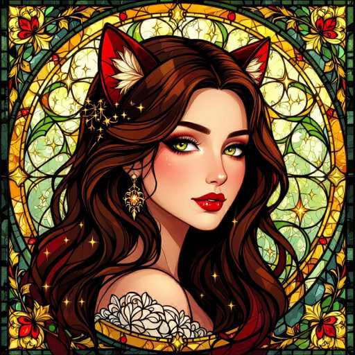 This image features a detailed, computer-generated illustration of a young woman with long, wavy brown hair that cascades down to her chest. She has striking green eyes and is adorned with red lipstick. Her ears are pointed and red, resembling those of a cat, and each ear is decorated with a white feather. She wears a single earring on her right ear, which is gold with a red center. The woman is dressed in a white top with a floral pattern, and her bare shoulder is visible. Surrounding her head is a circular frame that resembles a stained glass window, with intricate designs in yellow, green, and red. The background is filled with vibrant colors, including yellow, red, and green, and is decorated with flowers and stars, adding to the overall whimsical and enchanting atmosphere of the image.