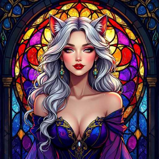 This image features a striking, computer-generated depiction of a woman with a blend of human and feline characteristics. She has long, wavy gray hair cascading down to her chest, and her eyes are a captivating yellowish-green. Her lips are painted a vivid red, and she wears elegant earrings that dangle from her ears. Atop her head, she sports cat-like ears, adding a whimsical touch to her appearance. She is dressed in a purple outfit adorned with gold accents, which complements her overall look. The background showcases a circular stained glass window, filled with vibrant hues of red, yellow, purple, and blue, framed by a black border. The woman gazes directly at the viewer, exuding confidence and allure.