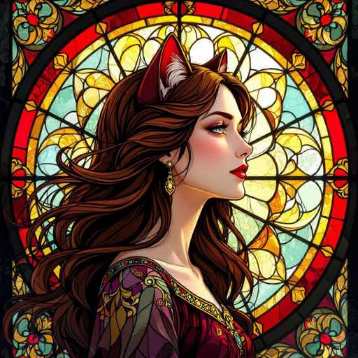 This image features a detailed, computer-generated illustration of a woman with long, flowing brown hair. She is adorned with a pair of red fox ears, complete with white fur tufts, perched atop her head. Her striking blue eyes are accentuated by red lipstick, and she wears a dangling earring on her visible ear. The woman is dressed in a richly colored, purple dress with intricate gold and green trim, which complements her elegant appearance. The background showcases a circular stained glass window, predominantly in shades of red, yellow, and blue, adding a vibrant and artistic touch to the scene.