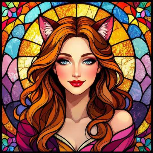 This image features a detailed, cartoon-style drawing of a woman with striking red hair and blue eyes. She is adorned with pink cat ears that have white fur on the inside. Her makeup includes red lipstick, and she is dressed in a pink outfit that reveals her shoulders. The background is a vibrant stained glass window, composed of various colored panels including yellow, blue, purple, pink, and orange. The stained glass is intricately designed with floral patterns and other decorative elements, adding a rich, colorful backdrop to the portrait. The woman is looking directly at the viewer, creating a sense of engagement.