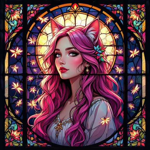 This vibrant, AI-generated image features a young woman with long, flowing pink hair and striking green eyes. She is adorned with cat-like ears, adding a whimsical touch to her appearance. Her lips are painted a bold red, and she wears a delicate flower clip on the right side of her hair. The woman is dressed in a white gown embellished with intricate gold embroidery along the neckline and shoulders, exuding an air of elegance. The background is a stunning stained glass window, composed of various shades of blue, yellow, and pink, with intricate floral patterns. The stained glass is framed by a black border, which is further accentuated by additional floral designs in the corners. The overall composition creates a captivating and enchanting scene.