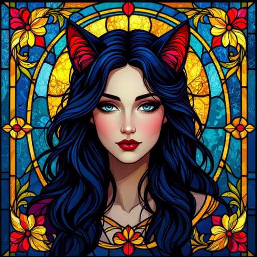 This vibrant, cartoon-style illustration features a young woman with striking blue eyes and long, flowing blue hair. She has a fair complexion, accentuated by her bold red lipstick and rosy cheeks. Her ears are adorned with cat-like, pointy red and pink ears, adding a whimsical touch to her appearance. She is dressed in a blue top with yellow trim, which complements the overall color scheme of the image. The background is a stunning stained glass window, predominantly blue with intricate yellow designs and floral patterns in shades of yellow, red, and green. The stained glass window is framed by a black border, which is further encircled by a thin white line, giving the image a defined and polished look.