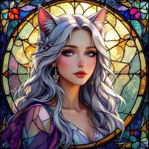 A digital painting of a beautiful anime-style woman with long, flowing silver hair and large cat ears. She has striking purple eyes, delicate pink cheeks, and full lips. Her attire is a vibrant, iridescent dress with geometric patterns in shades of purple, pink, and blue. She wears ornate, dangling earrings that complement her cat ears. The background is a detailed stained-glass window effect with warm, golden light emanating from behind her, creating a mystical and ethereal atmosphere. The overall style is reminiscent of digital art with a focus on intricate details and soft lighting, giving the image a dreamy quality.