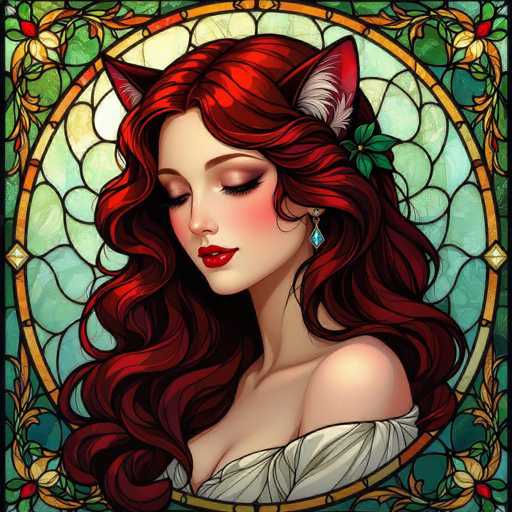 This image features a detailed, computer-generated illustration of a woman with striking red hair and cat-like ears. She is depicted in a side profile, facing left, with her eyes closed and her head slightly tilted downward. Her long, wavy red hair cascades down to her chest, adorned with a green leafy barrette on the right side. She wears a white, off-the-shoulder dress that reveals her bare shoulders and a hint of cleavage. Her makeup is meticulously applied, with red lipstick, red blush, and long eyelashes. A blue teardrop earring dangles from her right ear. The background is a circular stained glass window, featuring a blend of light green, blue, and yellow hues, with intricate floral patterns in the corners. The entire scene is framed by a thin black border, enhancing the vivid colors and detailed textures of the illustration.