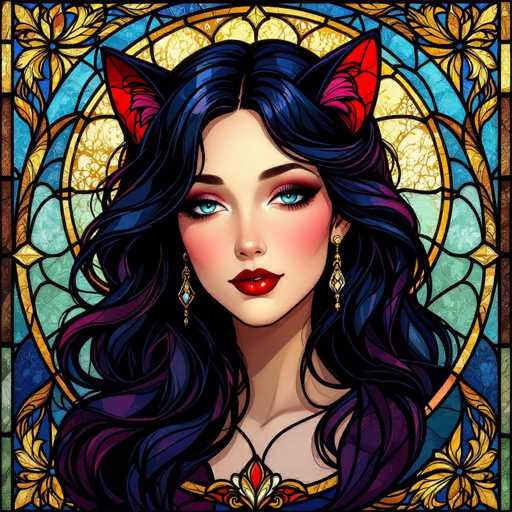 This image features a striking, AI-generated depiction of a woman with an ethereal and otherworldly appearance. She has long, flowing black hair adorned with subtle purple highlights, cascading down to her chest. Her face is framed by a pair of red cat ears, adding a whimsical and fantastical element to her look. Her eyes are a mesmerizing blue, and her lips are painted a bold red, enhancing her captivating presence. She wears elegant diamond earrings that catch the light, and a black necklace with a red pendant that complements her attire. Her outfit is a rich purple, accented with gold trim, which adds a touch of regality to her ensemble. The background is a stunning stained glass window, featuring a circular design with a gold border and intricate patterns of blue, yellow, and green. The window is adorned with floral motifs, adding to the overall magical and enchanting atmosphere of the image.
